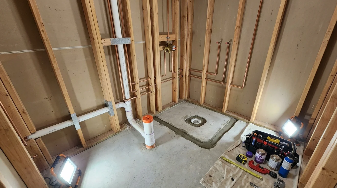 Bathroom rough-in plumbing during remodel by Johns Plumbing LLC in Ridgely