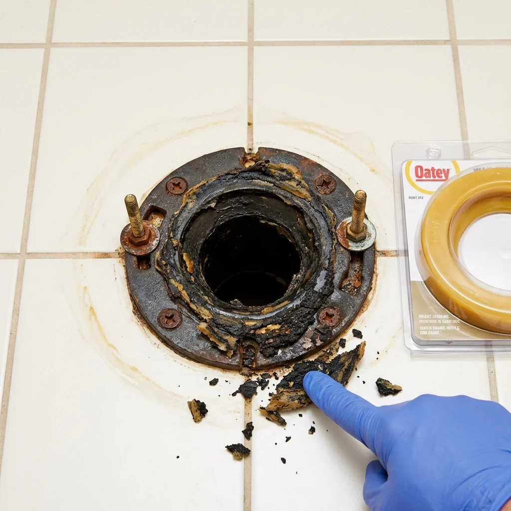 Failed wax ring showing water seepage at the base of a toilet in a Ridgely, MD home