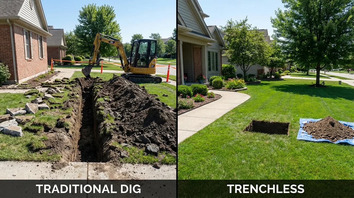 Trenchless sewer repair with minimal yard damage versus traditional excavation in Ridgely, MD
