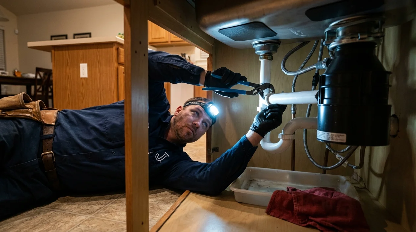 P-trap and supply line connections under a kitchen sink showing a common leak point in Ridgely, MD